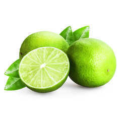 three limes sliced isolated on white