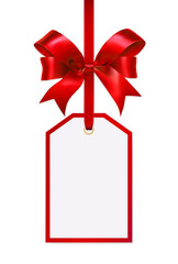Blank gift tag with a red ribbon bow