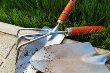 Garden major and minor hand trowels and a flower rake on the tile at lawn in the garden