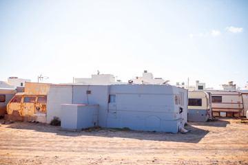 Fototapeta na wymiar Camping vehicles settlement on the Fuerteventura island