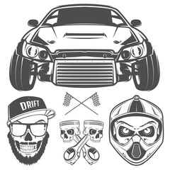Set of racing and drift elements design,skull racer and piston skull for labels ,emblems and logo. - obrazy, fototapety, plakaty