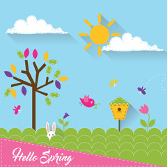 Fototapeta na wymiar Spring background with butterflies, tree and sun.