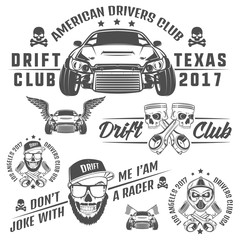 Set of racing and drift elements design,skull racer and piston skull labels ,emblems and logo. - obrazy, fototapety, plakaty