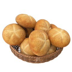 Composition with bread and rolls in wicker basket isolated on white