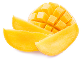 Mango cubes and slices. Isolated on a white background.