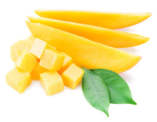 Mango cubes and slices. Isolated on a white background.