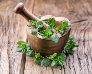 Fresh mint, wooden mortar and pestle.