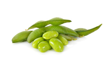 boiled green soybeans on white background