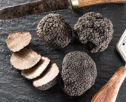 Black truffles on the graphite board.