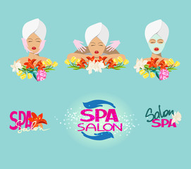 Beauty salon icons and logo with flowers and woman's head