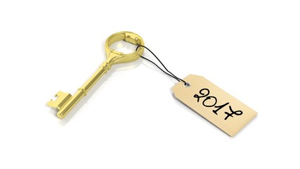 Tag with 2017 on golden retro key , isolated on white background.