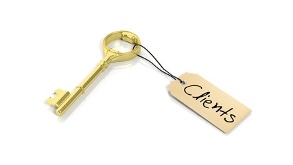 Tag with word Clients on golden retro key , isolated on white background.