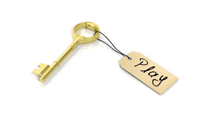 Tag with word Play on golden retro key , isolated on white background.