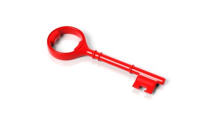 3D red retro key, isolated on white background.