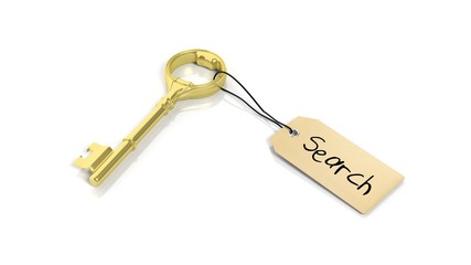 Tag with word Search on golden retro key , isolated on white background.