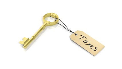 Tag with word Taxes on golden retro key , isolated on white background.