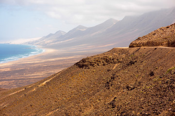 Top view on Cofete coastline the longest beach on Canary island