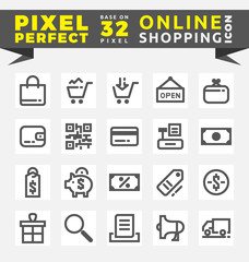 Set of Online Shopping Icons Base on 32 Pixel. This icons created on pixel perfect workflow. Vector illustration