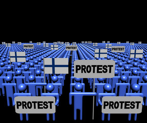 Crowd of people with protest signs and Finnish flags illustration