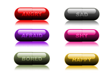 Colorful medical pills on white background, representative of feelings and emotions