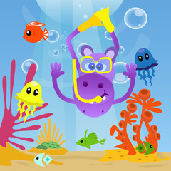 Naklejka na ściany i meble Hippo diving under sea