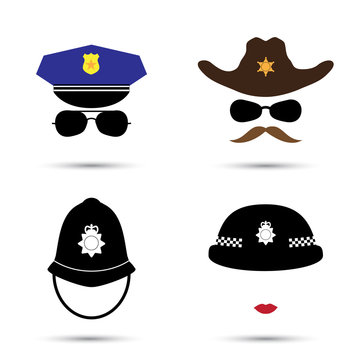 Set of colorful vector icons isolated on white. Policeman icon.  Sheriff icon. Cowboy icon. British police helmet 