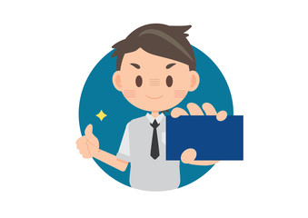 business man thumbs up and holding card, character illustration vector