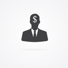 Man with dollar sign in head. Flat icon with shadow isolated on white.