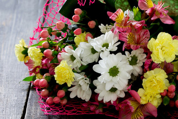 Bouquet of colorful flowers, carnation and chrysanthemum, select