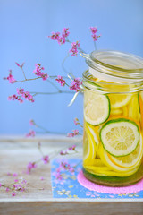 Summer fresh fruit infused water of lemon and lime.