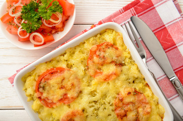 Casserole with minced meat, vegetables and cheese.