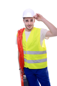 handsome young construction worker isolated on a white background