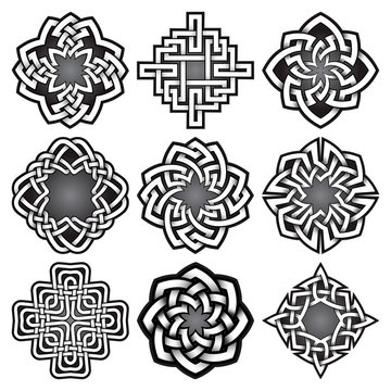 Set of logo templates in Celtic knots style. Tribal tattoo symbols package. Nine silver ornaments for jewelry design.