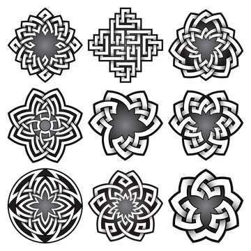 Set of logo templates in Celtic knots style. Tribal tattoo symbols package. Nine silver ornaments for jewelry design. Monochrome logos design.