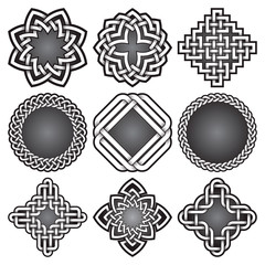 Fototapeta premium Set of logo templates and frames in Celtic knots style. Tribal tattoo symbols package. Nine silver ornaments for jewelry design. Monochrome logos design elements.