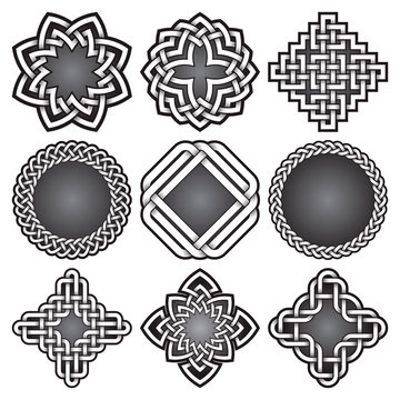 Set of logo templates and frames in Celtic knots style. Tribal tattoo symbols package. Nine silver ornaments for jewelry design. Monochrome logos design elements.