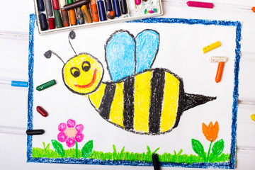 Colorful drawing - cute bee with happy face