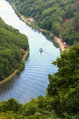 Passagierschiff auf der Saar, Talblick vom Aussichtspunkt Cloef