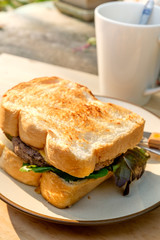 Yummy Beef and cheese Grilled Sandwich on round cream color plat