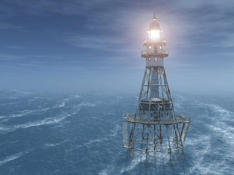 Leuchtturm im Meer bei Nacht