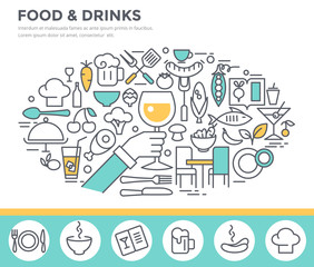 Food and drinks illustration, thin line flat design