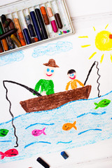 colorful drawing: fishing father and son