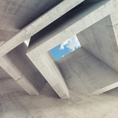 Concrete room interior with blue cloudy sky