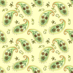 Indian ornament, watercolor. Traditional  pattern. Vintage flowers background. Decorative ornament  for fabric, textile, wrapping paper, card, invitation, wallpaper.