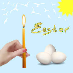Easter. Easter eggs. Church candles. The spring sky with birds.
