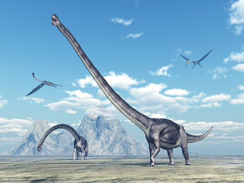 Dinosaurier Omeisaurus und Flugsaurier Quetzalcoatlus