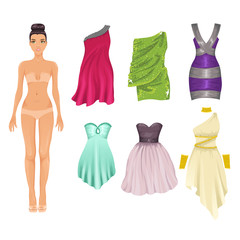 Vector dress up paper doll with an assortment of cocktail dresse