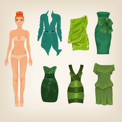 Vector dress up paper doll with an assortment of green dresses
