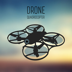 Drone quadrocopter. Drone with action camera front view vector isolated sign. Drone logo, badge, emblem and design element. store, repair & service logotype. Vector. Blurred background