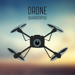 Drone quadrocopter. Drone with action camera front view vector isolated sign. Drone logo, badge, emblem and design element. store, repair & service logotype. Vector. Blurred background